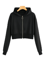 Cropped Hooded Zip Jacket With Ring Pull And Ribbed Cuffs