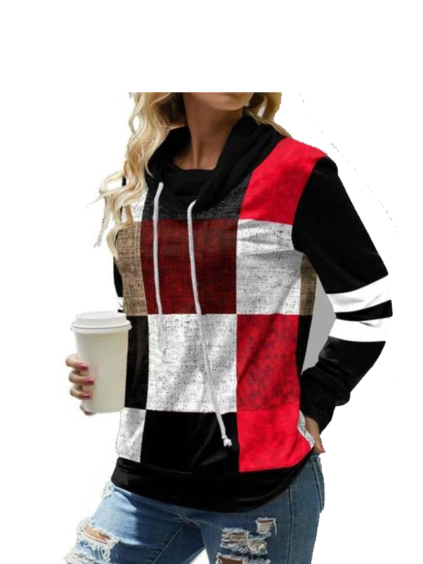 888 Vintage Plaid Print Drawstring Neck Top - Image 1